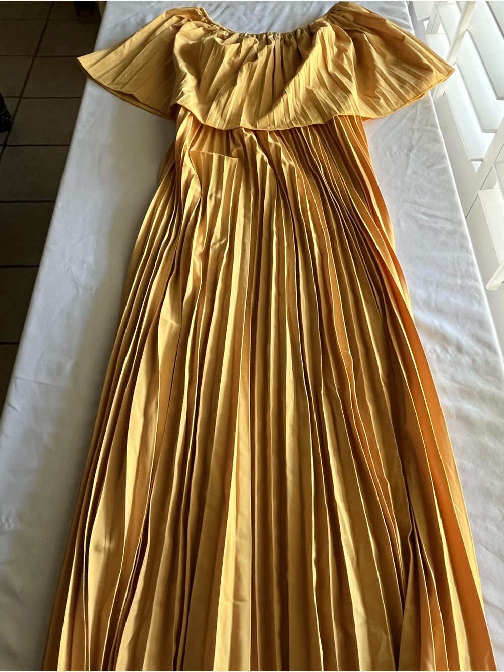 Women’s Mustard Pleated Off Shoulder Maxi Dress Flowy Boho Formal Midi